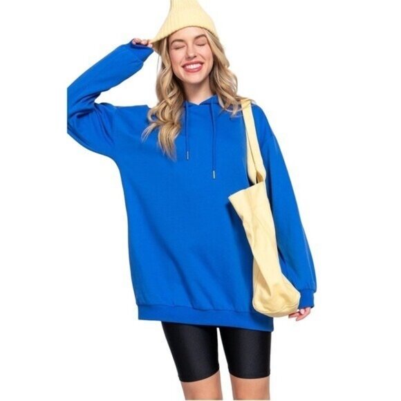 Blue Hoodie Women Size Small Oversized Pullover Sweatshirt Tunic Top Athleisure - Picture 1 of 14